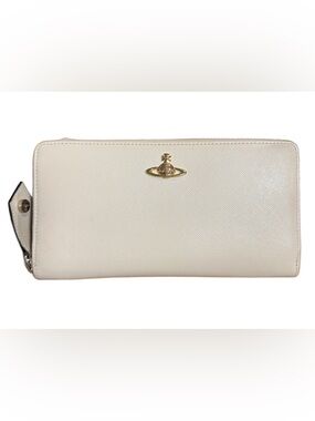 Vivienne Westwood Cream Saffiano Leather Zip Wallet with Gold Orb Emblem